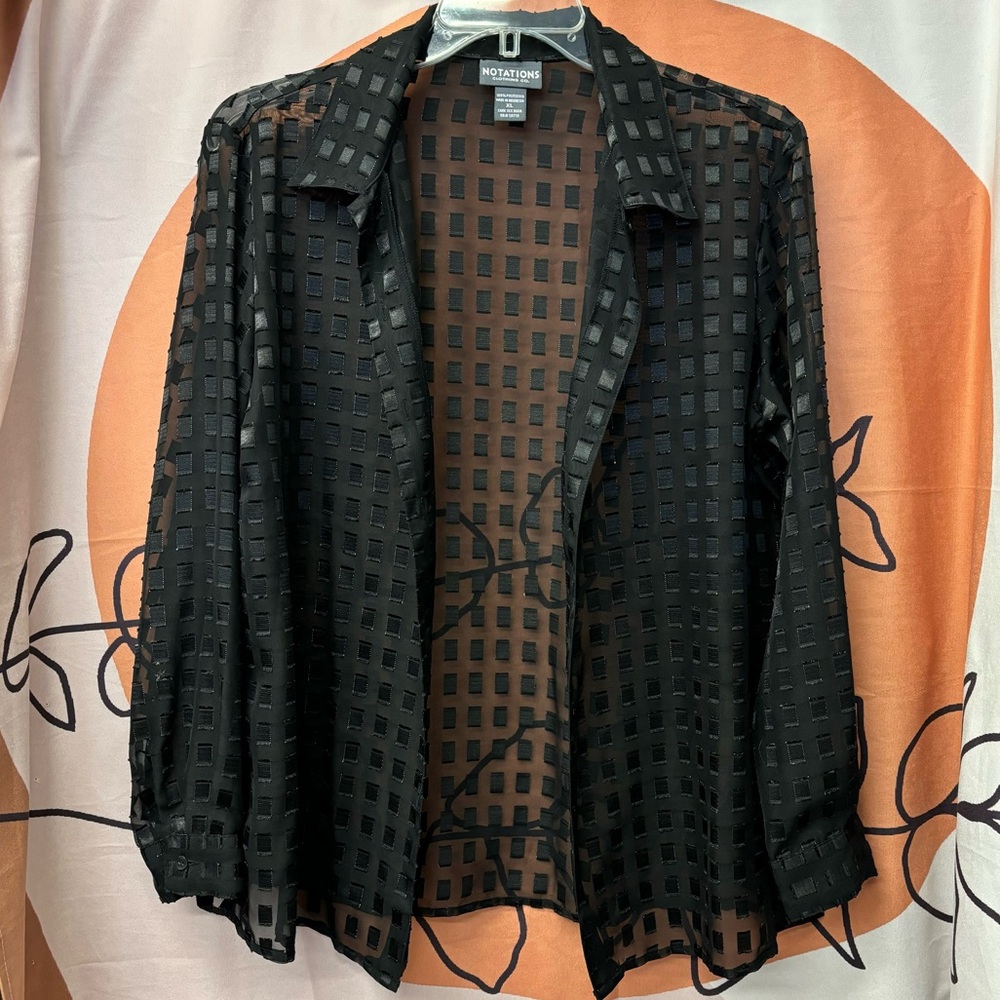 Black sheer Notations button up with square pattern, XL